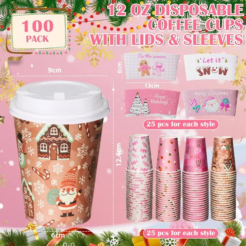 Vista 3 de Yungyan Paquete de 100 Tazas de Café Desechables de Navidad de 12 oz con Tapas y Mangas Tazas de Café de Papel Aisladas con Tapas Abovedadas