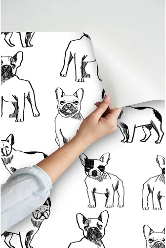 Vista 3 de Despegar y pegar papel tapiz muestra – Bulldog francés negro blanco perros Frenchie monocromo lindo cachorro papel pintado personalizado extraíble