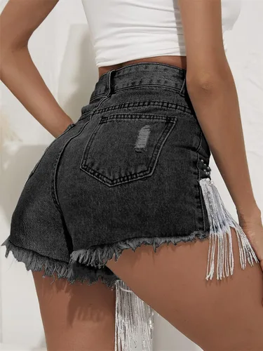 Vista 4 de LifeShe Pantalones cortos de mezclilla para mujer con cuentas de perlas de diamantes de imitación