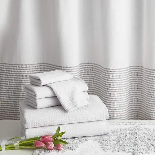 Vista 7 de Panama Stripe Cortina de ducha 100% tela de algodón para baño, de 72 x 72 pulgadas /182.88 x 182.88 cm. Borla estilo bohemio de granja, tela