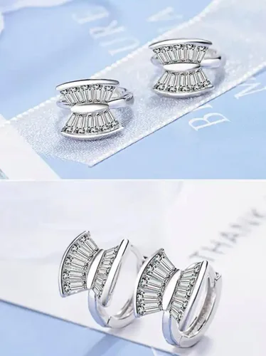 Vista 4 de AT Jewellery - 925 Sterling Silver Diamond Cut Stone Double Sided Huggie Hoop Earrings