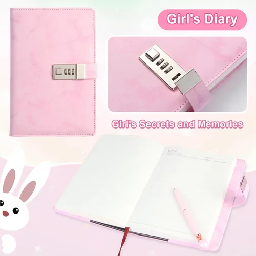 Vista 3 de Juego de regalo de diario, diario de cuero sintético de mármol de 300 páginas para escribir, cuaderno de dibujo con cerradura, incluye cerradura