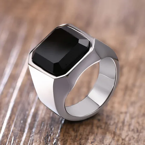 Vista 3 de Anillos de ónix negro para hombre, de acero inoxidable, con diseño de ágata cuadrada, anillo de pulgar meñique para papá, regalo de joyería para él