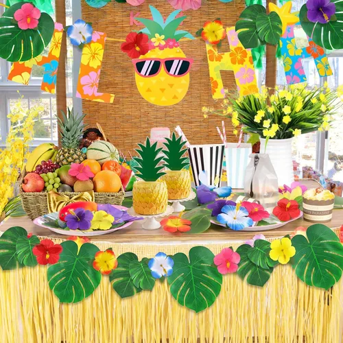 Vista 3 de 126 piezas de suministros para decoraciones de fiesta Luau, hojas de palma tropicales, flores de hibisco, hojas artificiales simuladas para fiestas