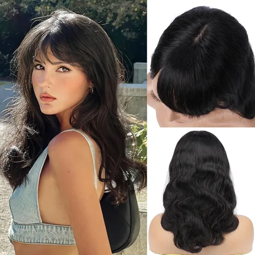 Vista 10 de WIGNEE Pelucas onduladas naturales con flequillo, 100% cabello humano brasileño, pelucas onduladas de moda, color negro natural