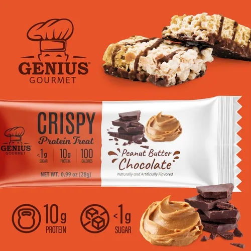 Vista 5 de Genius Gourmet Golosina de proteína crujiente, mantequilla de maní de chocolate, aperitivo Keto, bajo en carbohidratos, bajo en azúcar y sin gluten