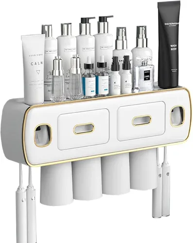 Vista 12 de Soporte para cepillos de dientes montado en la pared para baño y baño, kit de exprimidor de pasta de dientes doble automático, kit de exprimidor