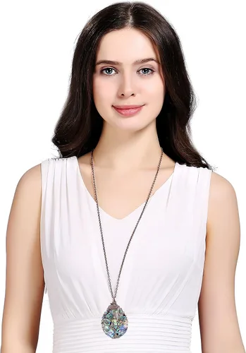 Vista 2 de sedmart Collar con dije de concha de abulón con forma de lágrima, envoltura de alambre, concha de abulón, collar de moda para mujer, collar hecho a
