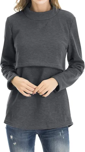 Vista 15 de Smallshow Camisetas de maternidad con forro polar para mujer, manga larga, ropa para amamantar Verde militar