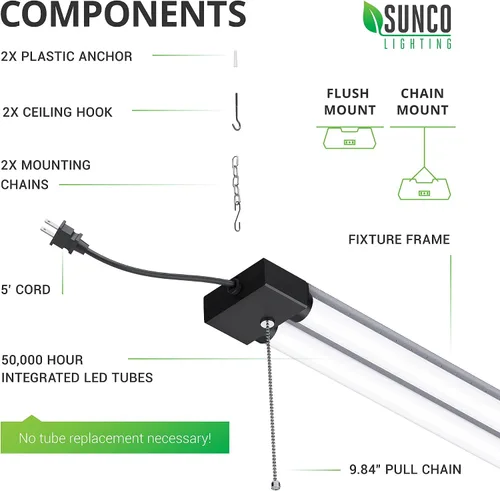 Vista 4 de Sunco Lighting - Lámparas industriales de luz LED de 40W en paquetes de 4, 12 y 16 piezas 6000K Daylight DLX, 4100LM, Frosted Lens, Pull Chain