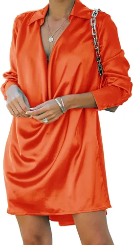 Vista 3 de Halfword Vestido camisero de satén para mujer sexy casual cuello en V profundo manga larga con botones holgado mini vestido tipo camiseta