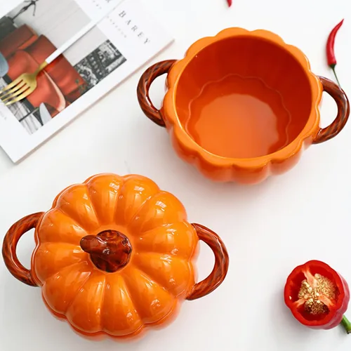 Vista 2 de Olla holandesa con tapa, cacerola de postre de cerámica de calabaza, mini fuente para hornear, lindo cuenco de calabaza, olla holandesa de cerámica