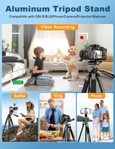 Vista 2 de Trípode para cámara de teléfono, soporte de trípode DSLR de 67 pulgadas con soporte remoto para teléfono, trípodes de viaje de aluminio para fotos