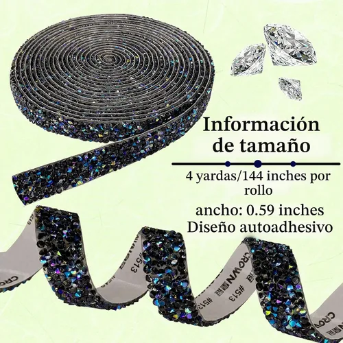 Vista 2 de Cinta autoadhesiva de resina negra con diamantes de imitación, 4 yardas, cinta de cristal brillante aplicable a bodas, cumpleaños, Navidad, fiestas