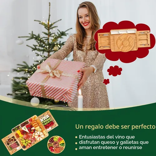 Vista 6 de YZS - Juego de tabla de charcutería, juego de tabla de queso y cuchillo con bandeja de queso, plato grande de bambú para queso y carne, regalo