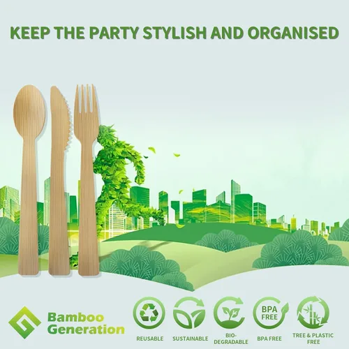 Vista 5 de Tenedores 100% de bambú – Utensilios desechables, biodegradables y compostables, cubiertos reutilizables o desechables para bodas, campamentos