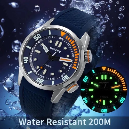 Vista 5 de BERNY Reloj de buceo para hombre, relojes mecánicos automáticos de moda para hombres, reloj de pulsera masculino impermeable 20AMT, reloj de pulsera