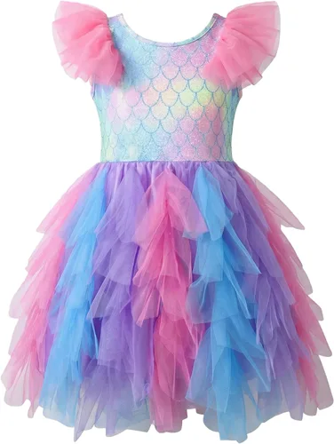 Vista 7 de VIKITA Vestido tutú para niñas pequeñas, falda de princesa de tul de sirena, traje de fiesta de cumpleaños de verano para niñas pequeñas de 3 a 8
