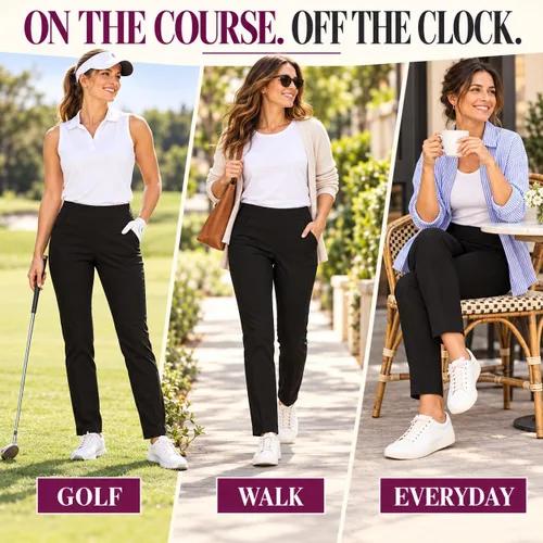 Vista 6 de SLIM-SATION Ropa de golf para mujer - Pantalón de pierna recta de ajuste regular con bolsillos para mujer Negro