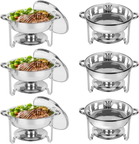 Vista 20 de IMACONE Juego de Bandejas Calentadoras de Buffet 4 Piezas, 5QT Redondas de Acero Inoxidable con Tapa de Vidrio para Catering, Conjuntos