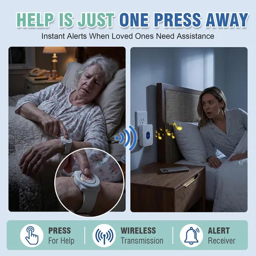 Vista 2 de Daytech Botón de llamada inalámbrico del localizador del cuidador para ancianos en el hogar Sistemas de alerta de vida para personas mayores