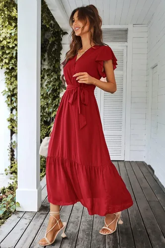 Vista 7 de PRETTYGARDEN - Vestido floral para mujer estilo bohemio, cruzado, con cuello en V, manga corta, con cinturón, dobladillo con volantes, acampanado