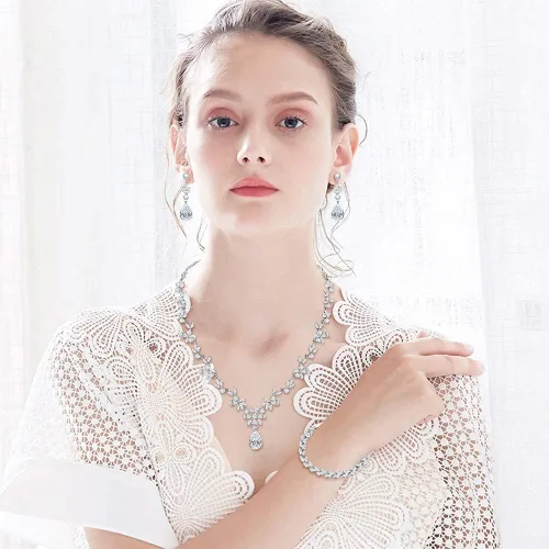 Vista 5 de Juego de joyas Hadskiss collar y aretes colgantes chapado en oro blanco con circonita cúbica blanca AAA joyería para bodas y fiestas hipoalergénica