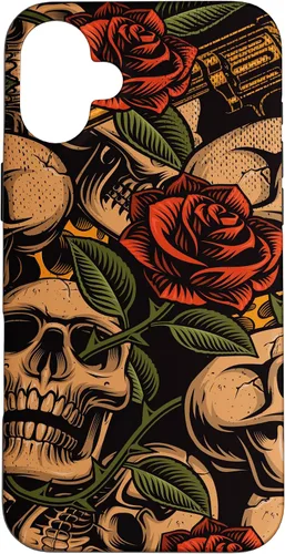 Vista 23 de Funda con diseño de tatuajes de flash tradicional para iPhone 17 con diseño retro rojo de rosas de calavera