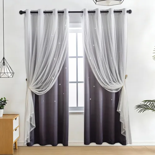 Vista 39 de Anytime - Cortinas para dormitorio de niñas con estrella hueca, cortinas opacas para habitación de niños, cortinas largas para oscurecer