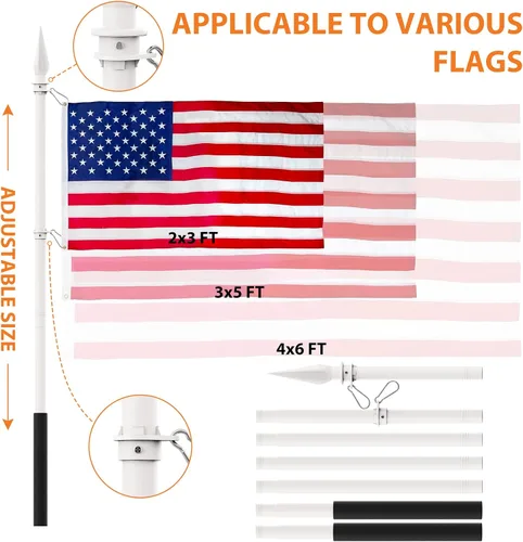 Vista 4 de YeYeBest Poste de bandera de mano de 4 pies a 7 pies con bandera estadounidense de 3 x 5 pies, tecnología resistente a enredos de 360°, con mango