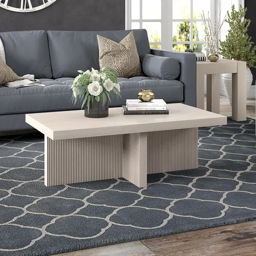 Vista 2 de Henn&Hart Mesa de centro rectangular de madera acanalada de 44 pulgadas con pedestal de bajo perfil con base de pedestal acanalada para sala