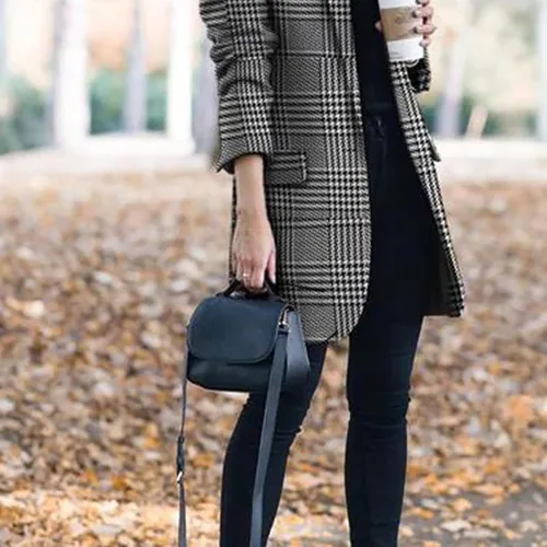 Vista 5 de UODSVP Abrigos de invierno para mujer, estampado de moda, casual, cuello a cuadros, abrigo suelto de tweed