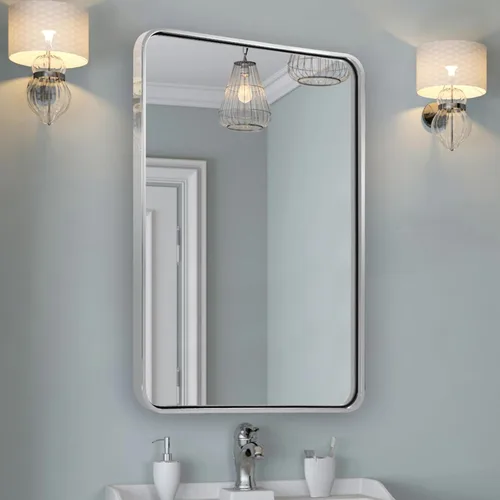 Vista 40 de Espejo de latón para baño, espejo rectangular redondeado de 22x30 pulgadas con marco de metal cepillado dorado, espejo de tocador de baño sin