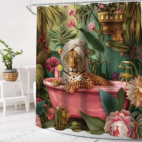 Vista 3 de Juego de cortina de ducha de baño con diseño de leopardo y guepardo rosa A-01pink leopardo verde