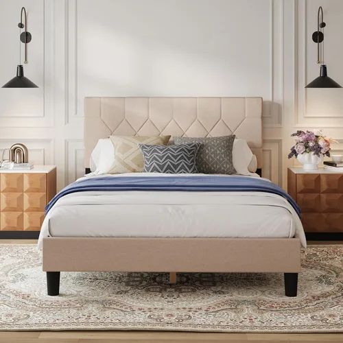 Vista 3 de Avenco Base de cama de tamaño matrimonial, base de cama tapizada con cabecera ajustable de 3 alturas, fácil montaje sin herramientas