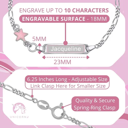 Vista 2 de UNICORNJ 925 Italy Sterling Silver Child or Baby Name Bracelet Girls Boys, Personalized Engraved Kids ID Bracelets, 6.5" Figaro Chain, Enamel Charm