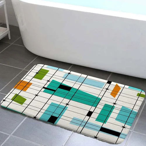 Vista 7 de Alfombra de baño de mediados de siglo, alfombra de baño estética abstracta geométrica de mediados de siglo, color verde azulado, retro, cuadrícula