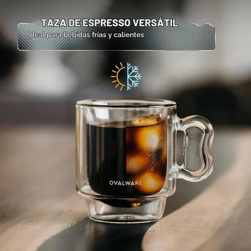 Vista 3 de ovalware RJ3 - Tazas de vidrio para café expreso de 4 onzas (juego de 4) de doble pared con mango de mariposa maciza, elegante taza de café espresso