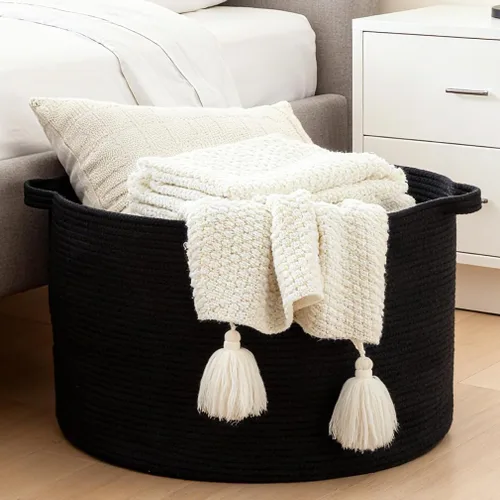 Vista 6 de Luxury Little Cesta de almacenamiento extragrande para guardería, 20 x 20 x 13.8 pulgadas, 100 % algodón con asas, cesta de manta para juguetes