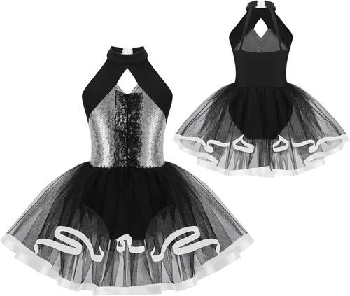 Vista 62 de CHICTRY Vestido tutú de ballet con lentejuelas brillantes para niñas y niñas, moderno disfraz de baile latino de jazz