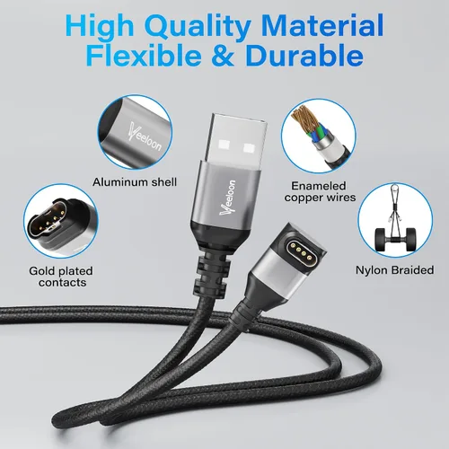 Vista 5 de Cable cargador de reloj Garmin en ángulo recto de 6 pies, paquete de 2 unidades, USB A de 90 grados a Garmin Cable adaptador de carga rápida