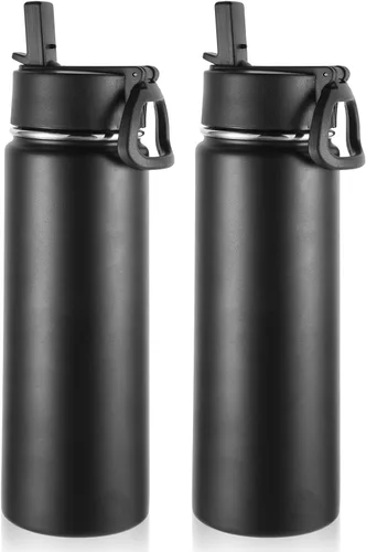 Vista 43 de Volhoply Botellas de agua aisladas de 22 onzas con tapa con popote, botella deportiva de acero inoxidable con asa, vasos de agua de viaje de metal