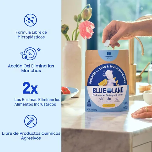 Vista 3 de BLUELAND - Juego de tabletas de detergente para lavavajillas 100% libres de plástico, cáscara de limón