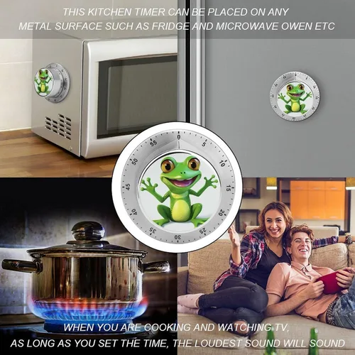 Vista 4 de Temporizador de cocina con diseño de rana verde, temporizador magnético de acero inoxidable para cocinar, no requiere pilas, pequeño temporizador
