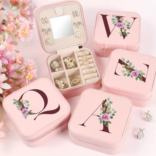 Vista 6 de Joyero pequeño con inicial, estuche organizador de joyas de viaje, estuche de joyería pequeño personalizado, estuche organizador de joyas, caja