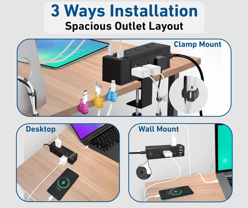 Vista 4 de Regleta de alimentación con abrazadera de escritorio con carga rápida USB-C, protector de sobretensiones de 9 tomas, regleta de alimentación que
