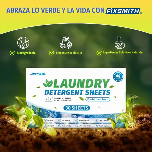 Vista 5 de FIXSMITH Hojas de detergente para ropa – 60 cargas (30 hojas) aroma de lino fresco – hipoalergénicas, ecológicas, hojas de jabón de lavandería ultra