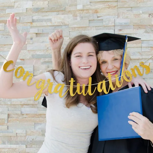 Vista 2 de Pancarta de felicitaciones con purpurina dorada para graduados, decoraciones de guirnalda de felicitaciones para la universidad 2025, decoraciones