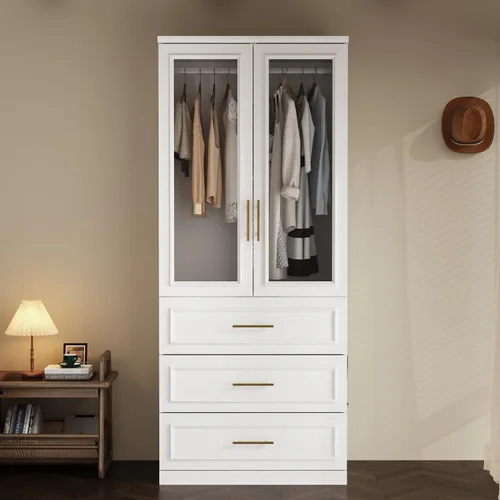 Vista 3 de WOODTIME Armario con barra para colgar, 3 cajones enmarcados y 2 puertas de cristal, armario de madera moderno, organizador de armario