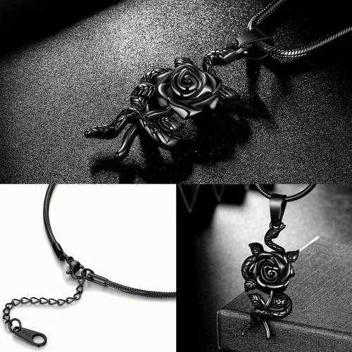 Vista 5 de Collar con colgante de corazón de rosa de serpiente, joyería gótica de acero inoxidable para mujer, serpiente animal, cobra, uroboros